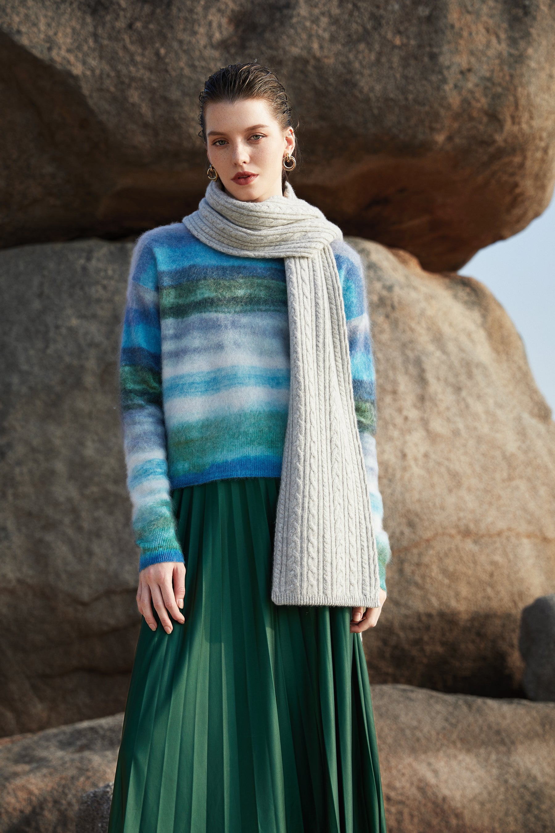 Women's Long Sleeve Brushed Cashmere Sweater with Allover Digital Print