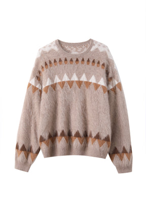 Women’s Brushed Cashmere Allover Jacquard Drop-Shoulder Crewneck Sweater