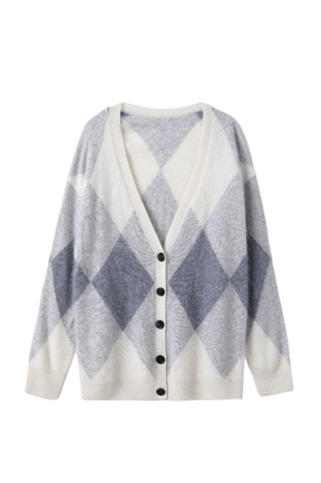 Women’s Brushed Cashmere Argyle Pattern Button-Up Cardigan