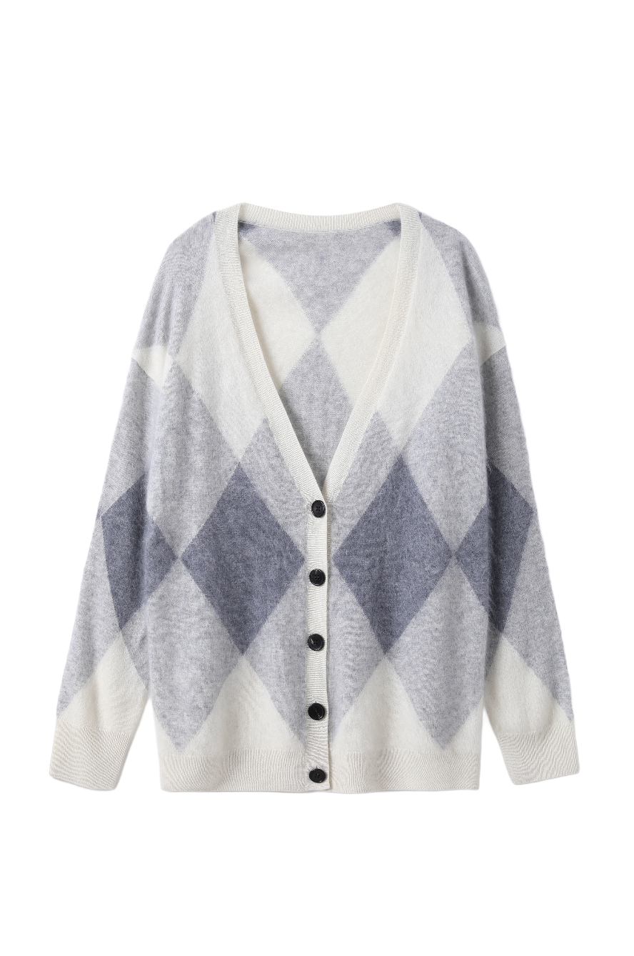 Women’s Brushed Cashmere Argyle Pattern Button-Up Cardigan